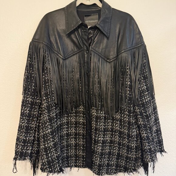 Fringe Western Black Faux Leather & Cotton Cowgirl Jacket Size M Dictionary NWT - Picture 1 of 2